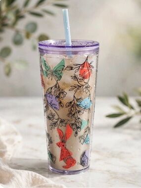 Starbucks Woodland Rabbit Butterfly Cold Cup Tumbler 24oz Metallic Champagne Tan
